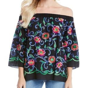 Karen Kane 1L25556 Black-Multi Floral Embroidered Off-Shoulder Top XS